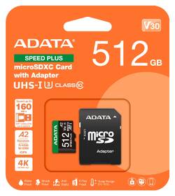 Pamäťová karta ADATA Speed Plus MicroSDXC 512GB, U3 (180R/160W) + SD adaptér čierna

 obrázok produktu 2 z 2