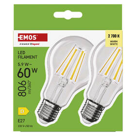 LED žiarovka EMOS Filament A60, 5,9 W, E27, teplá biela, 2 ks 

 obrázok produktu 4 z 7