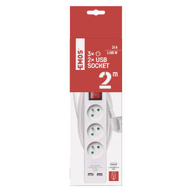 Kábel predlžovací EMOS 3x zásuvka + 2x USB, 2m biely

 obrázok produktu 3 z 3