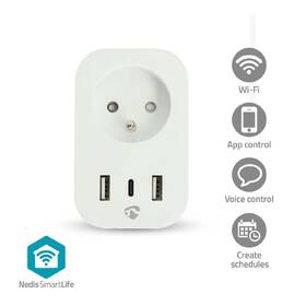 Inteligentná zásuvka Nedis SmartLife, merač spotreby, diaľkovo ovládateľná, Wi-Fi, 1x USB-C + 2x USB, IP21, 3680 W biela

 obrázok produktu 3 z 12