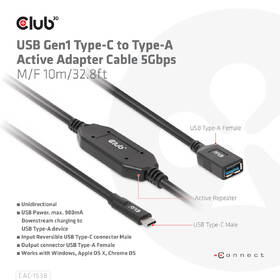 Kábel Club3D USB-C/USB-A, 10m čierny

 obrázok produktu 2 z 4