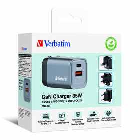 Cestovný adaptér Verbatim GNC-35 GaN 35W, 1x USB-C PD 35W, 1x USB-A QC 3.0 strieborný

 obrázok produktu 6 z 6