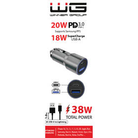 Adaptér do auta WG USB, USB-C, 38W + Lightnig kábel 1m strieborný

 obrázok produktu 1 z 1