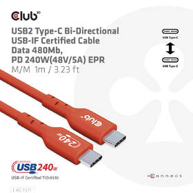 Kábel Club3D USB-C 240W, 1m červený

 obrázok produktu 3 z 4