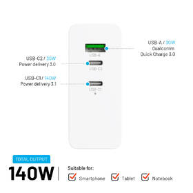 Nabíjačka do siete FIXED Charging Station, 2xUSB-C 1xUSB-A, GaN, PD 3.1, 140W biela

 obrázok produktu 4 z 13