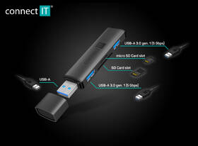 Čítačka pamäťových kariet Connect IT COMPACT 4v1 USB-A hub + čítačka kariet, USB-A/ 2x USB-A 3.0, 1x SD, 1x MicroSD 

 obrázok produktu 4 z 4