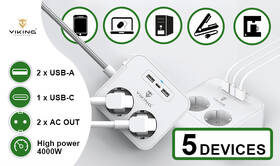 Kábel predlžovací Viking AC23, 2x zásuvka, 2x USB, 1x USB-C, 1,5m biely

 obrázok produktu 4 z 7