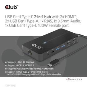 USB Hub Club3D USB-C/2x HDMI, 2x USB-A, 1x RJ45, 1x 3.5mm audio, 1x USB-C,100 W 

 obrázok produktu 2 z 7