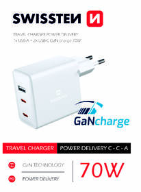 Nabíjačka do siete Swissten GaN 70W, 2x USB-C, 1x USB biela

 obrázok produktu 2 z 3