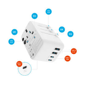Cestovný adaptér FIXED pre EU, UK a USA/AUS, s 3xUSB-C a 2xUSB výstupom, GaN, PD 65W biely

 obrázok produktu 9 z 12