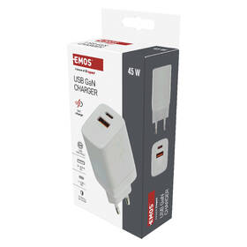 Nabíjačka do siete EMOS GaN, 45W, 1x USB-A/1x USB-C biela

 obrázok produktu 12 z 14
