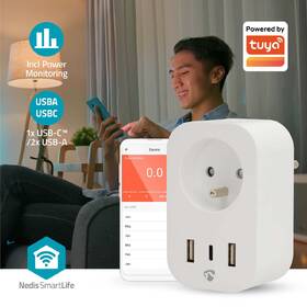 Inteligentná zásuvka Nedis SmartLife, merač spotreby, diaľkovo ovládateľná, Wi-Fi, 1x USB-C + 2x USB, IP21, 3680 W biela

 obrázok produktu 4 z 12
