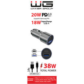 Adaptér do auta WG USB/USB-C, 38W + USB-C kábel 1m strieborný

 obrázok produktu 1 z 1