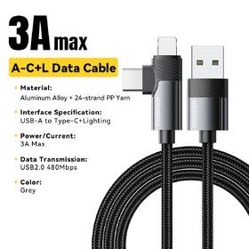 Kábel Essager William USB-A / USB-C - Lightning, 3A, 2m čierny

 obrázok produktu 2 z 2