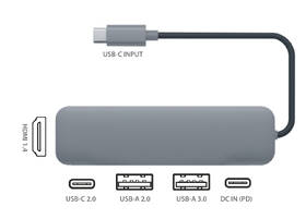 USB Hub GoGEN USB-C, 1x USB-C 2.0, 1x USB-C power, 1x USB-A 2.0, 1x USB-A 3.0, HDMI sivý

 obrázok produktu 1 z 2