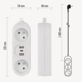 Kábel predlžovací EMOS 2x zásuvka, 2x USB, 1x USB-C, 1,4m biely

 obrázok produktu 6 z 7