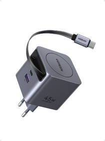 Nabíjačka do siete UGREEN GaN, 2×USB-C, USB, 45W, so zaťahovacím káblom sivá

 obrázok produktu 3 z 8
