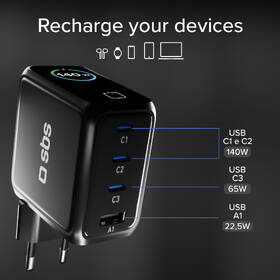 Nabíjačka do siete SBS Smart GaN 3x USB-C/USB-A, PD, 140 W čierna

 obrázok produktu 3 z 8