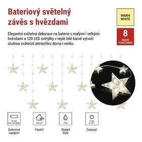 LED reťaz EMOS vánoční závěs – hvězdy, 170x85 cm, 3x AA, venkovní i vnitřní, teplá bílá, časovač priehľadný

 obrázok produktu 1 z 4