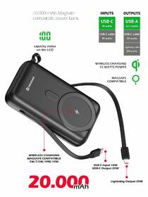 Powerbank Swissten 20000 mAh, PD 20W s integrovanými káblami USB-C a Lightning (kompatibilný s MagSafe) čierny

 obrázok produktu 1 z 2