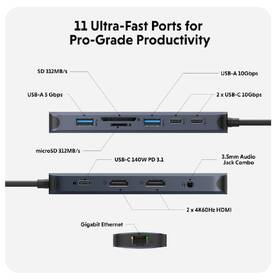 USB Hub HyperDrive EcoSmart Gen.2 Dual HDMI USB-C 11-in-1 140W PD3.1 Pass-thru 

 obrázok produktu 1 z 7