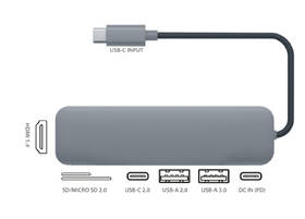 USB Hub GoGEN USB-C, 1x USB-C 2.0, 1x USB-C power, 1x USB A-2.0, 1x USB-A 3.0, HDMI, Card reader sivý

 obrázok produktu 1 z 1