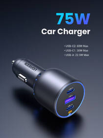 Adaptér do auta UGREEN 2×USB-C, USB, 75 W sivý

 obrázok produktu 2 z 5