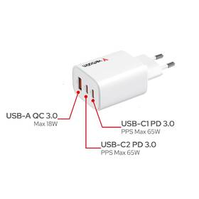 Nabíjačka do siete Verbatim Essentials 65W, 2×USB-C PD, 1×USB-A QC biela

 obrázok produktu 6 z 7