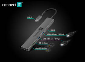 USB Hub Connect IT CompactPRO USB-C + čítačka kariet, (2xUSB-A 3.0, 1xUSB-C) 

 obrázok produktu 4 z 5