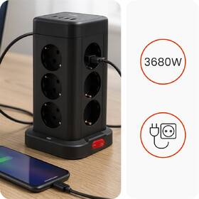 Kábel predlžovací Huslog 15W 12xzásuvka, 2xUSB-C, 2xUSB čierny

 obrázok produktu 3 z 8