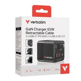 Cestovný adaptér Verbatim GaN s kabelem 65W, 2x USB-C PD, 1x USB QC čierny

 obrázok produktu 3 z 4