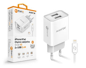 Nabíjačka do siete Aligator 2,4A, 2xUSB, smart IC, USB kábel pre Apple biela

 obrázok produktu 2 z 2