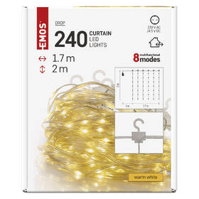 Vianočné osvetlenie EMOS 240 LED drop řetěz – záclona, 1,7x2 m, venkovní i vnitřní, teplá bílá, programy 

 obrázok produktu 12 z 15