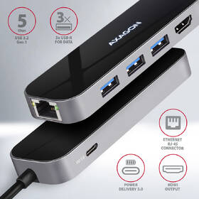 USB Hub Axagon USB 3.2 Gen 1 húb, 3x USB-A, HDMI 4k/60Hz, RJ-45 GLAN, PD 100W, kábel USB-C 20cm sivý

 obrázok produktu 1 z 7