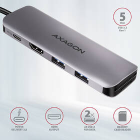USB Hub Axagon USB 3.2 Gen 1 húb, 2x USB-A, HDMI, SD/microSD slot, PD 100W, kábel USB-C 20cm sivý

 obrázok produktu 1 z 7
