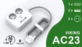 Kábel predlžovací Viking AC23, 2x zásuvka, 2x USB, 1x USB-C, 1,5m biely

 obrázok produktu 6 z 7