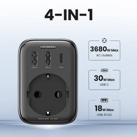 Nabíjačka do siete UGREEN 1x AC, 2x USB, 1x USB-C, 30W sivá

 obrázok produktu 3 z 9
