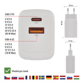 Nabíjačka do siete EMOS GaN, 45W, 1x USB-A/1x USB-C biela

 obrázok produktu 9 z 14