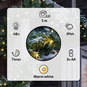 Vianočné osvetlenie Solight LED girlanda s jehličím, 48x LED, časovač, 3xAA, IP44, (3m) zelené

 obrázok produktu 8 z 8