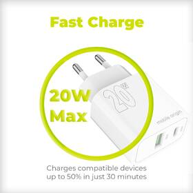Nabíjačka do siete Mobile Origin 1x USB-A/1x USB-C PD20W biela

 obrázok produktu 10 z 15