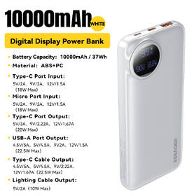Powerbank Essager s digitálnym displejom a integrovaným káblom 10000 mAh 22,5 W biela

 obrázok produktu 2 z 3