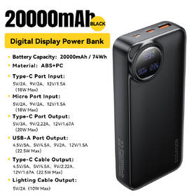 Powerbank Essager s digitálnym displejom a integrovaným káblom 20000 mAh 22,5 W čierna

 obrázok produktu 3 z 3