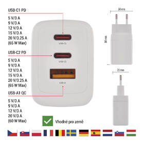 Nabíjačka do siete EMOS GaN, 65W, 1x USB-A/2x USB-C biela

 obrázok produktu 9 z 14