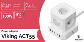 Kábel predlžovací Viking ACT55, 5x zásuvka, 3x USB-C a 2x USB-A, vypínač, 2m biely

 obrázok produktu 3 z 3
